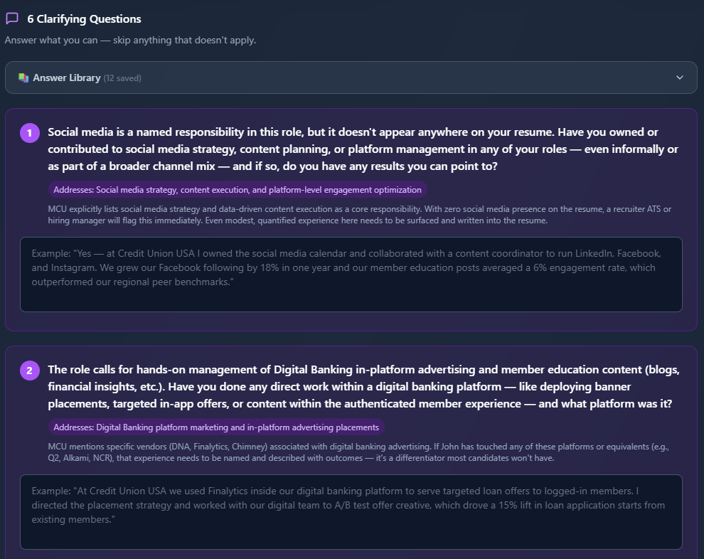 Clarifying Questions screen